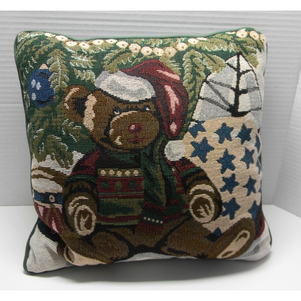 Christmas Bear Tapestry Pillow 12 inches Holiday Vintage